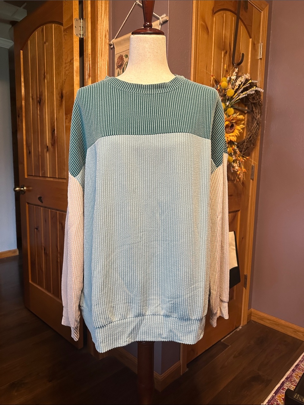 Colorblock Crewneck Sweater in Green, Blue & Cream
